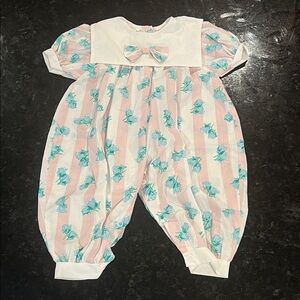 Vintage Pink and White Striped Baby Romper with blue flowers. 12M